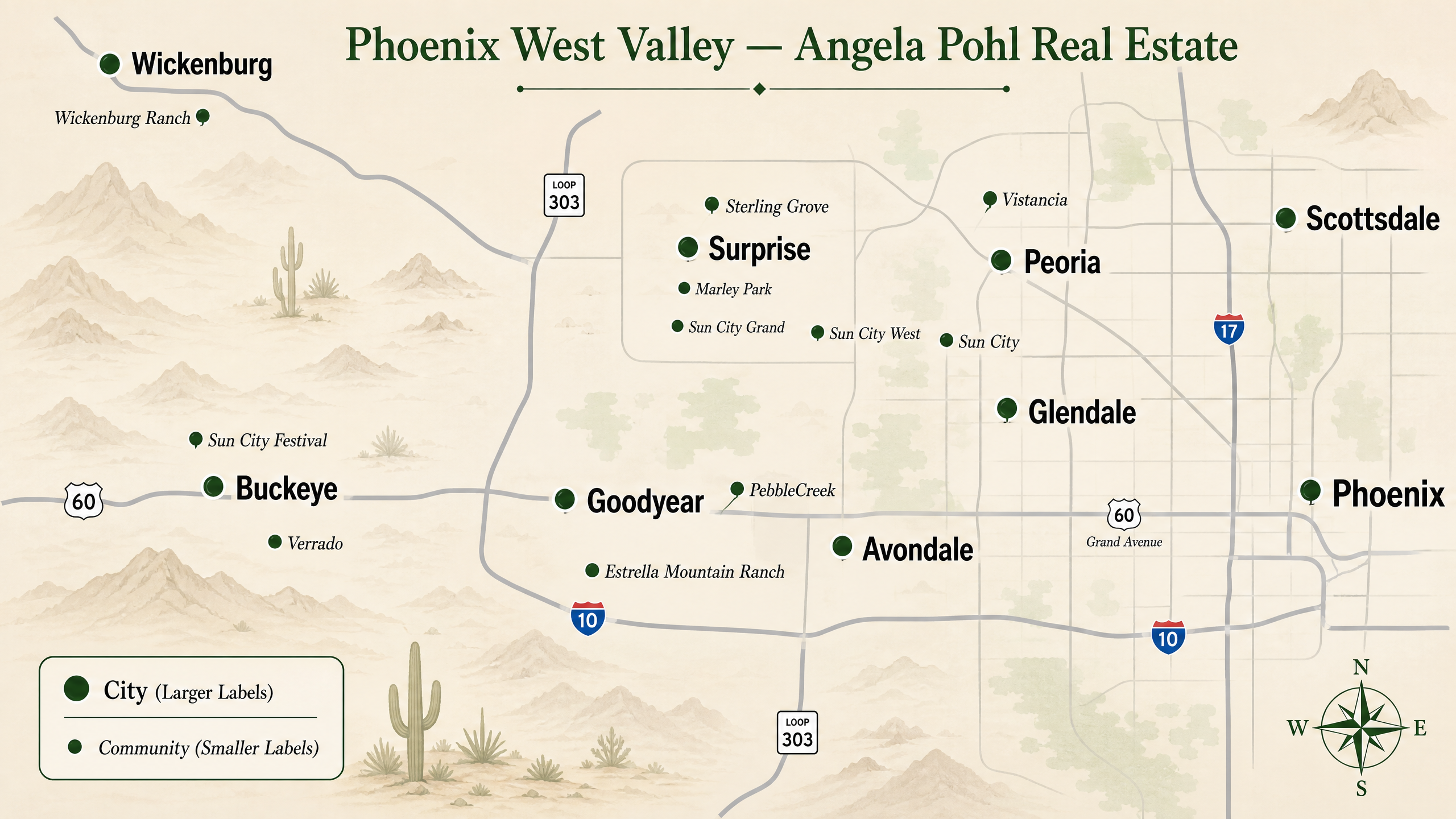 Phoenix West Valley map showing Surprise, Goodyear, Buckeye, Peoria, Glendale, and communities including Verrado, Sterling Grove, Sun City, Sun City West, Sun City Grand, Sun City Festival, PebbleCreek, Marley Park, and Wickenburg Ranch